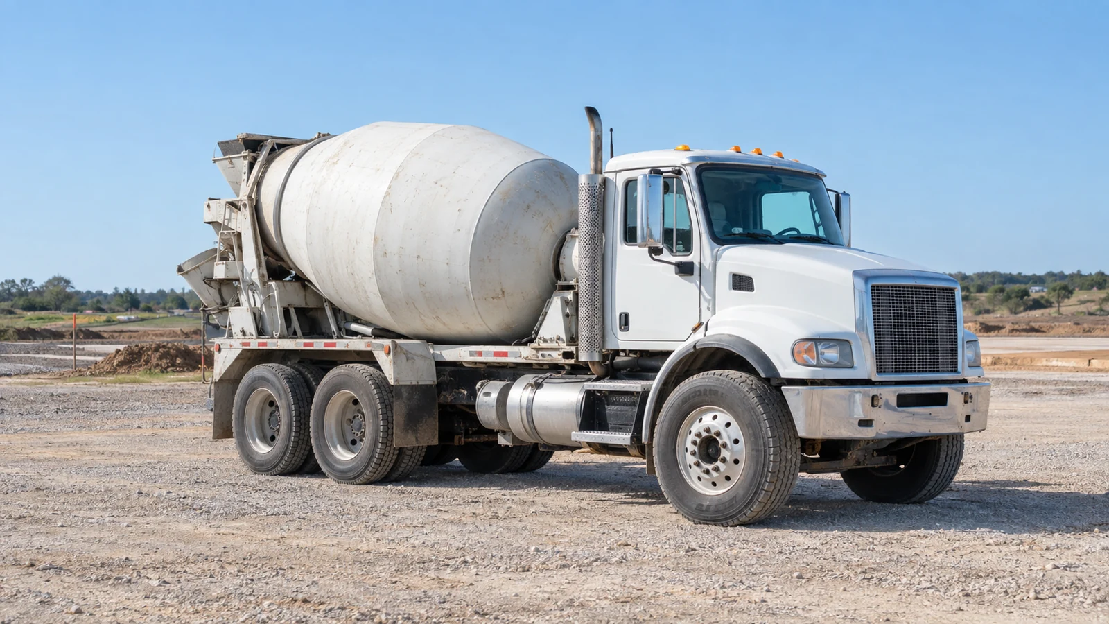 AI-generated editorial illustration of a white concrete mixer parked on a broad gravel construction approach.