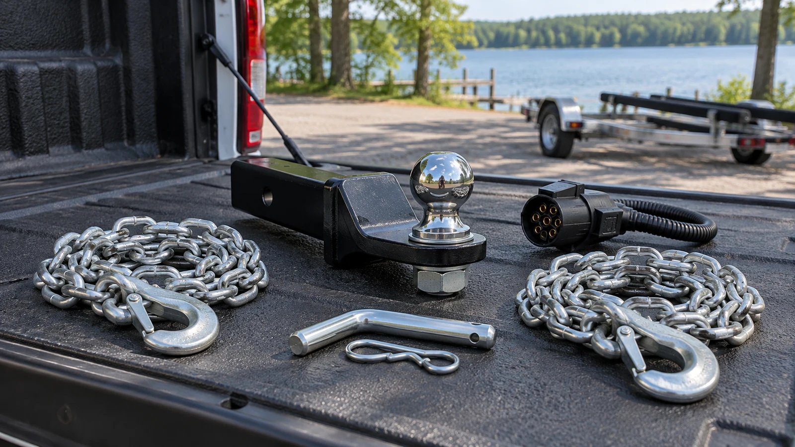Hitch ball and mount, safety chains, trailer connector and hitch pin displayed on a pickup tailgate beside a lake.