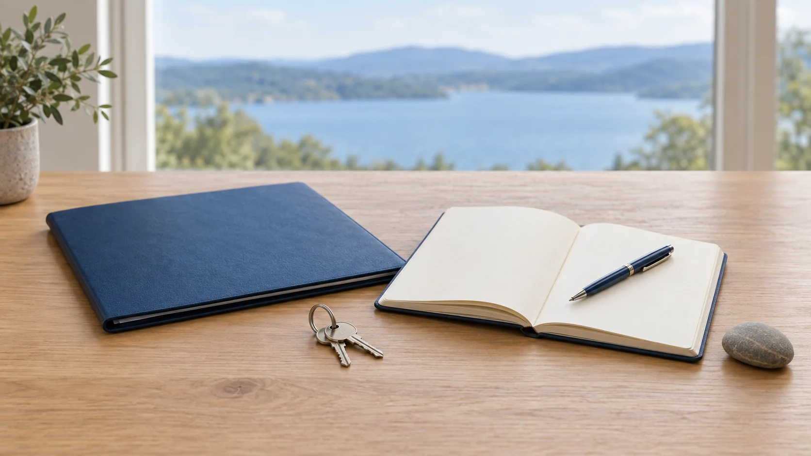 House keys, a document folder, and an open notebook on a desk with a blurred lake view beyond a window.