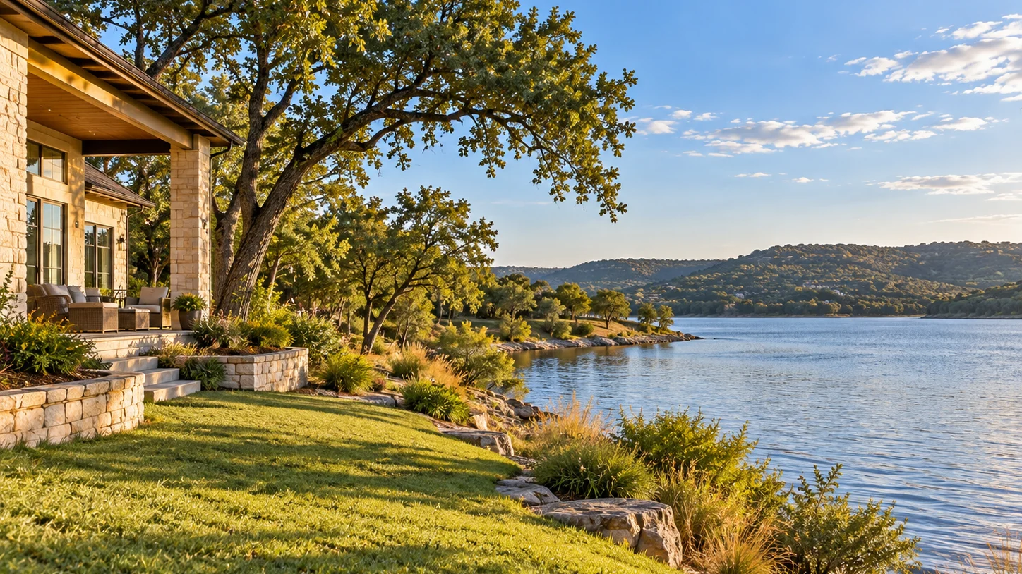 Part of a stone home and covered patio beside a sloping lawn, oak trees, a rocky shoreline and a lake.