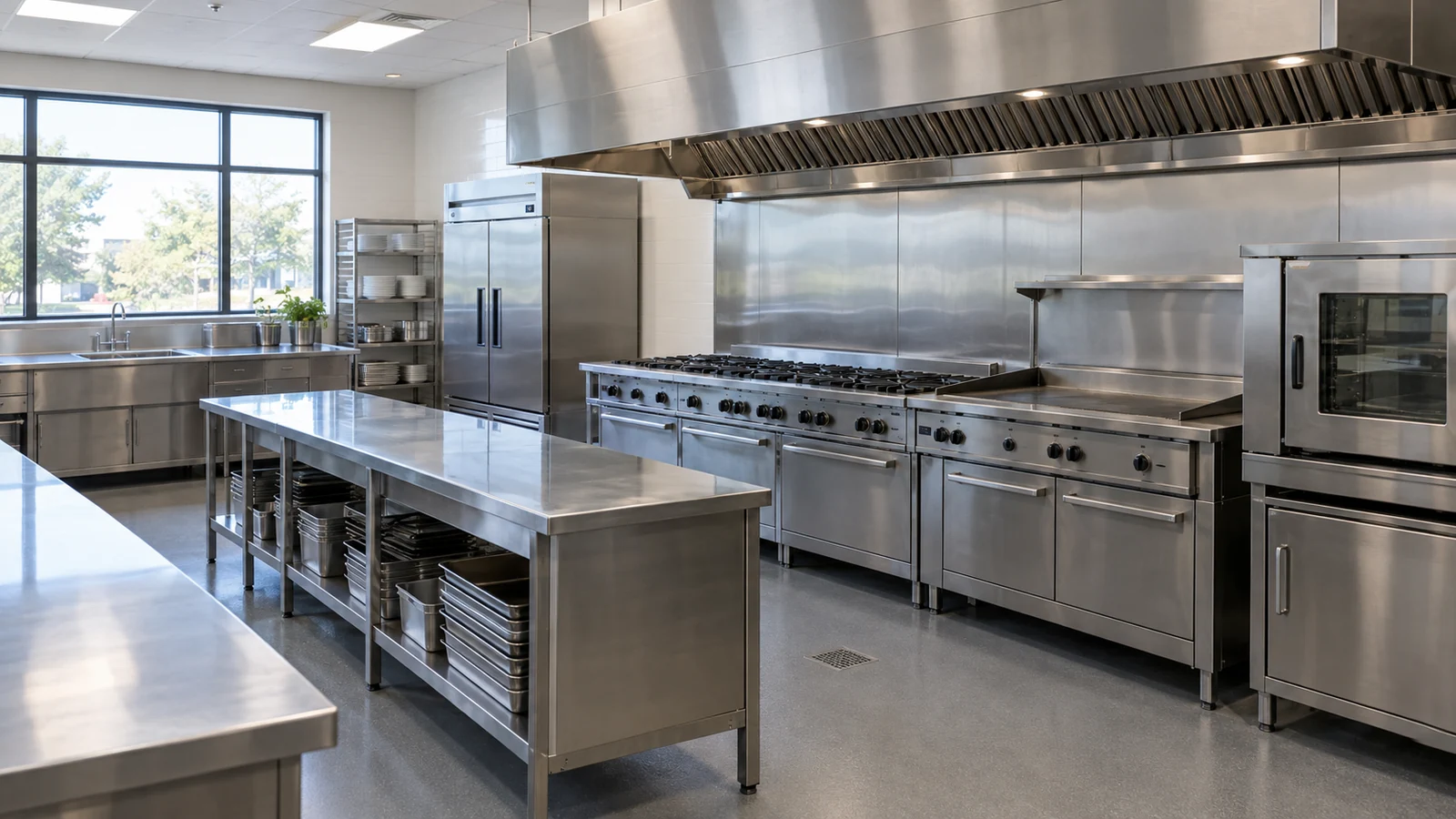 AI-generated illustration of an empty commercial kitchen with stainless-steel counters and unlit cooking equipment.