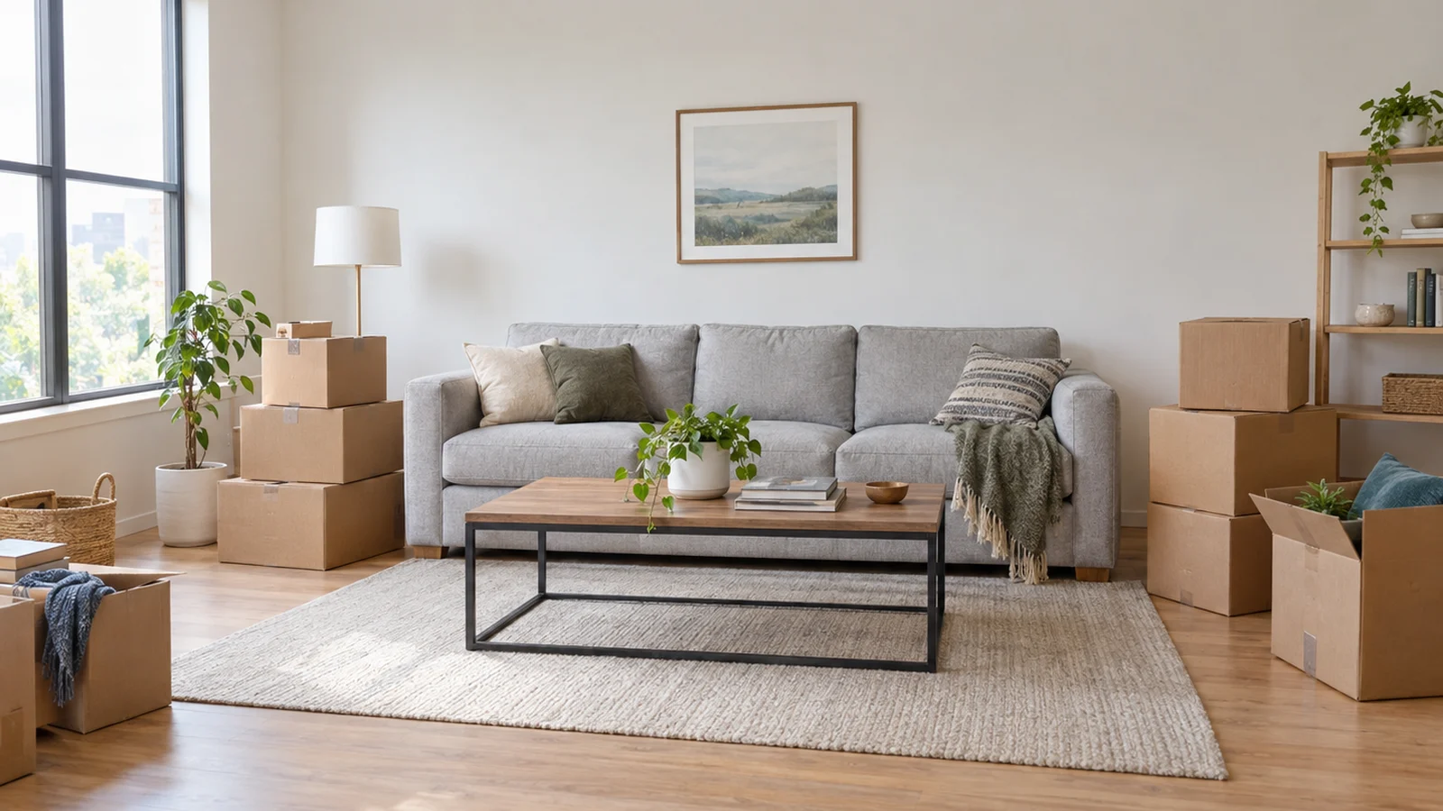 AI-generated editorial illustration of a bright apartment living room with a sofa and moving boxes.