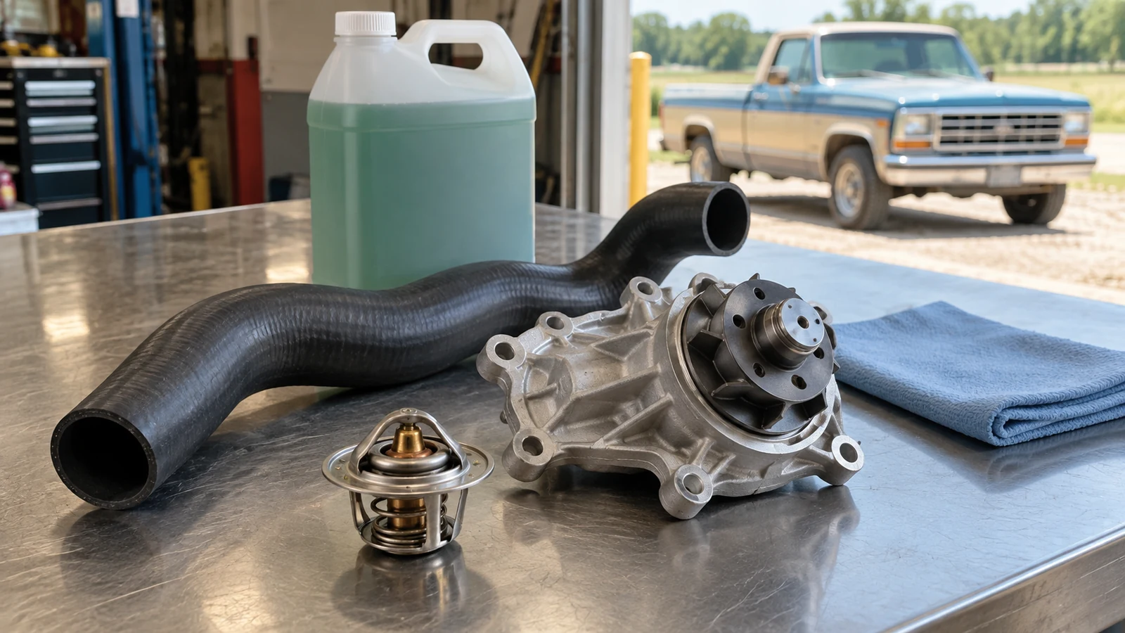 Radiator hose, water pump, thermostat, fluid container and blue shop towel on a counter, with a parked pickup behind them.