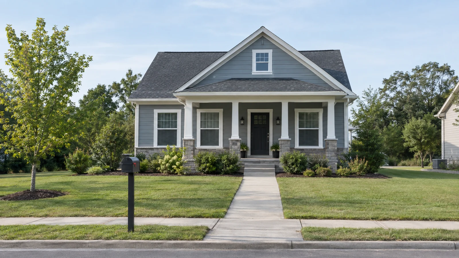 AI-generated editorial illustration of a well-maintained house with a front porch, walkway and mailbox.