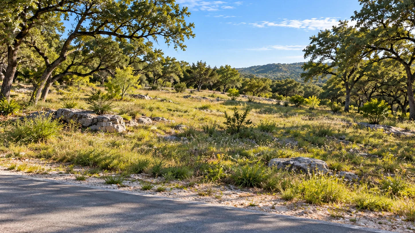 Undeveloped grassy land with oak trees, scattered rocks and a gentle slope beside a paved road.