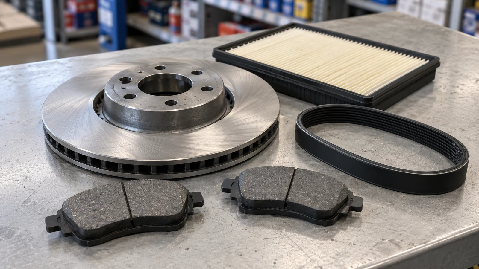 Brake rotor, two brake pads, serpentine belt and pleated air filter arranged on a parts counter.