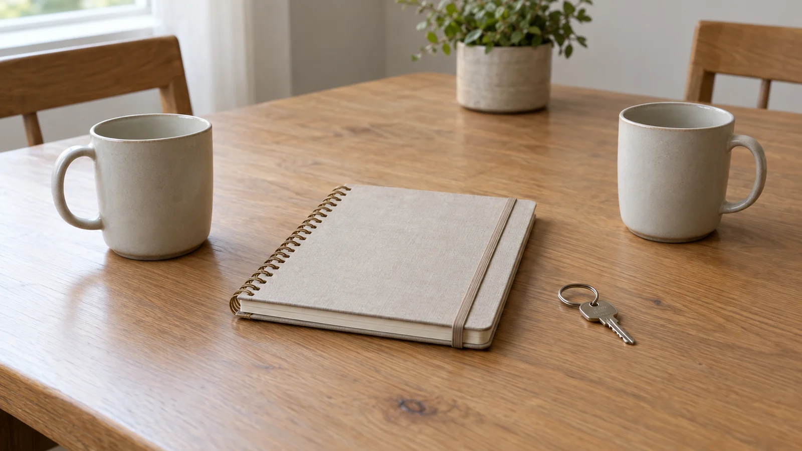 AI-generated editorial illustration of a blank notebook, house key and two mugs on a wooden dining table.