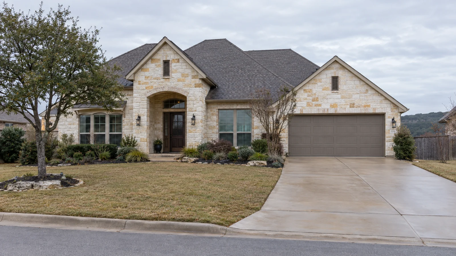 AI-generated illustration of a limestone home with a clear driveway and tidy yard beneath a cloudy sky.