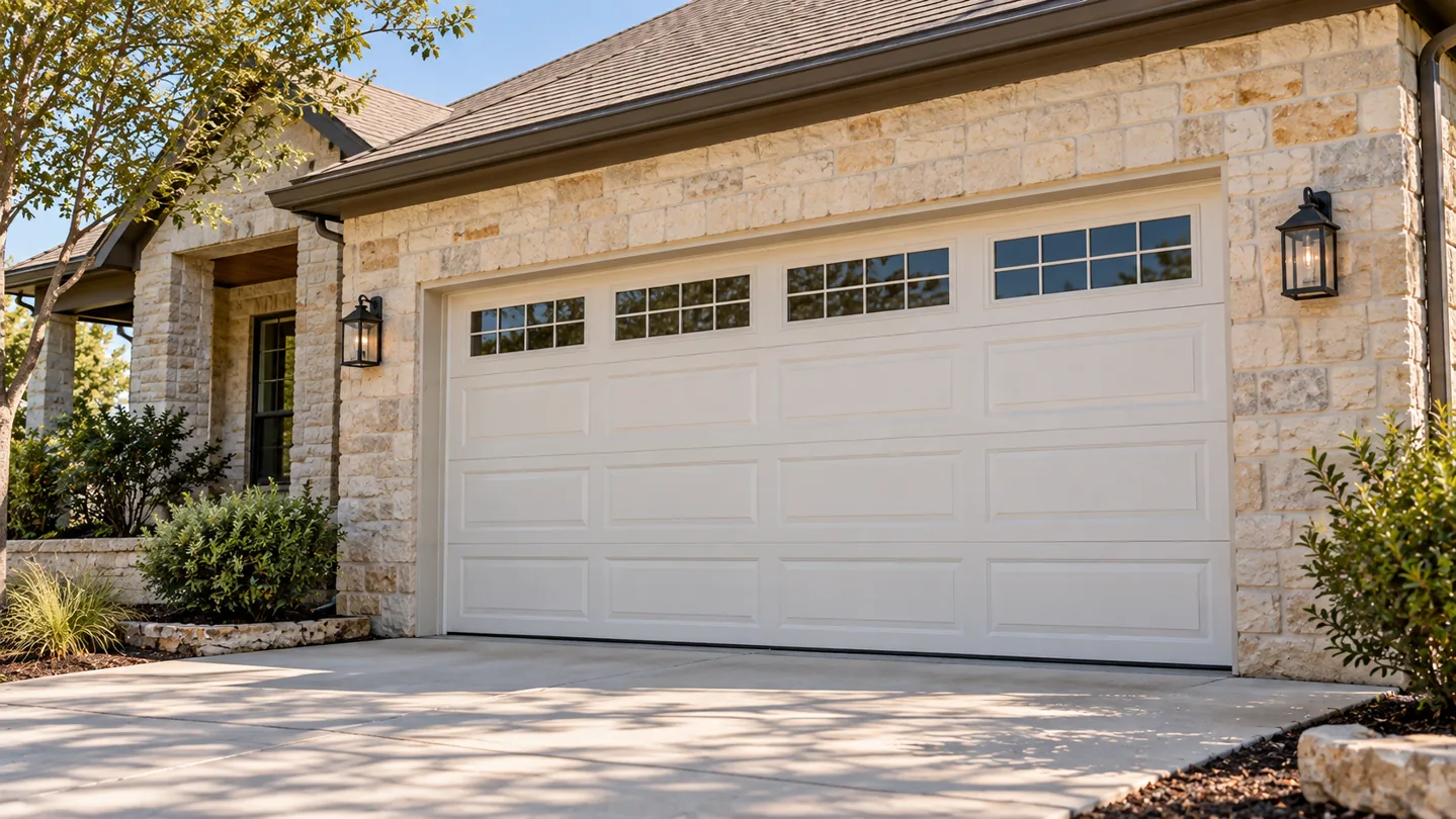 Closed white sectional garage door with upper windows on a limestone home beside a concrete driveway.