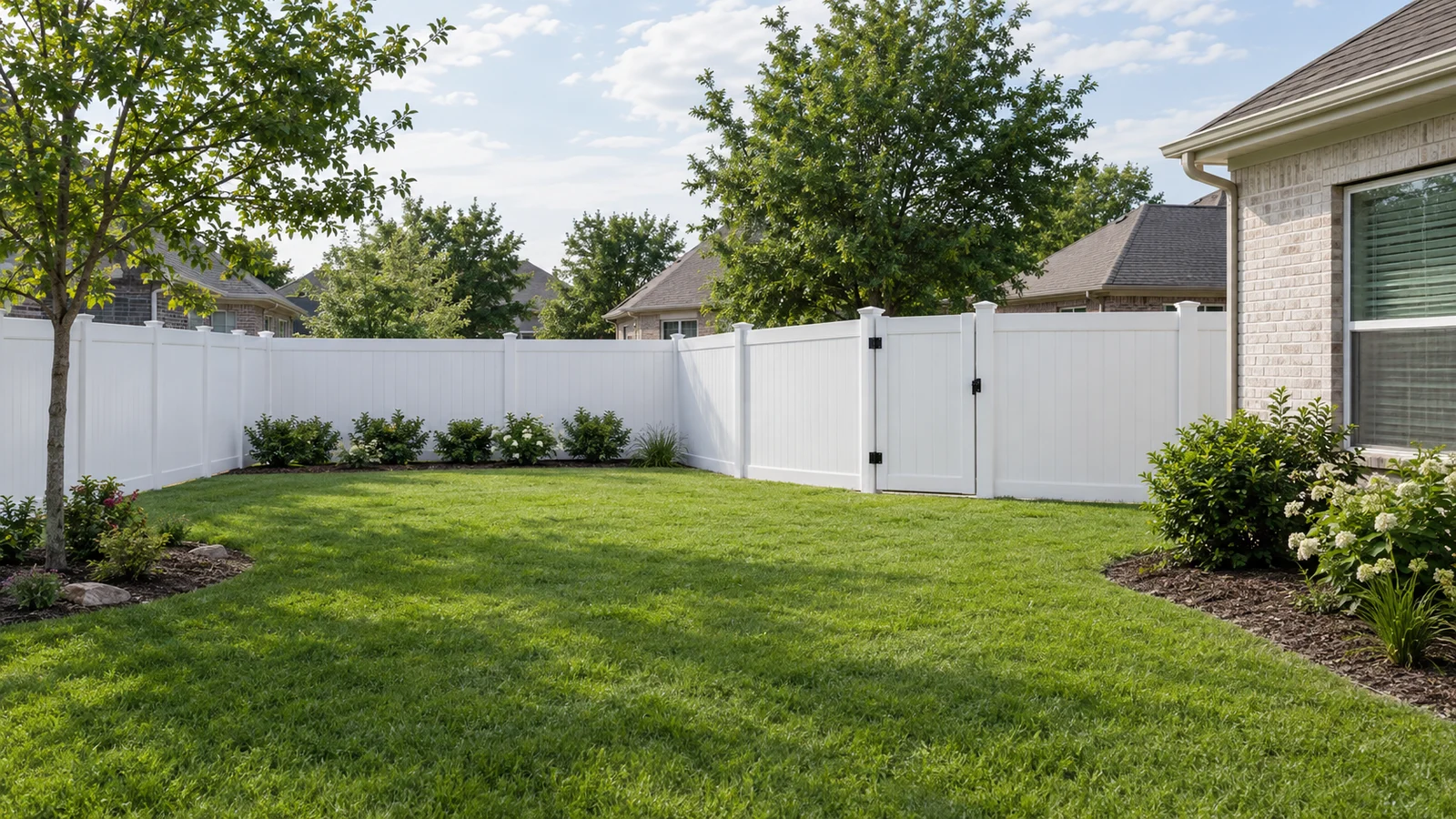 AI-generated editorial illustration of a white vinyl privacy fence and matching closed gate around a green lawn.