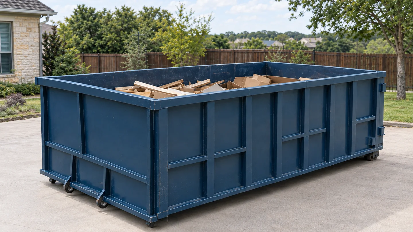 Unbranded roll-off with a modest mixed load of wood and cardboard contained below the rim.