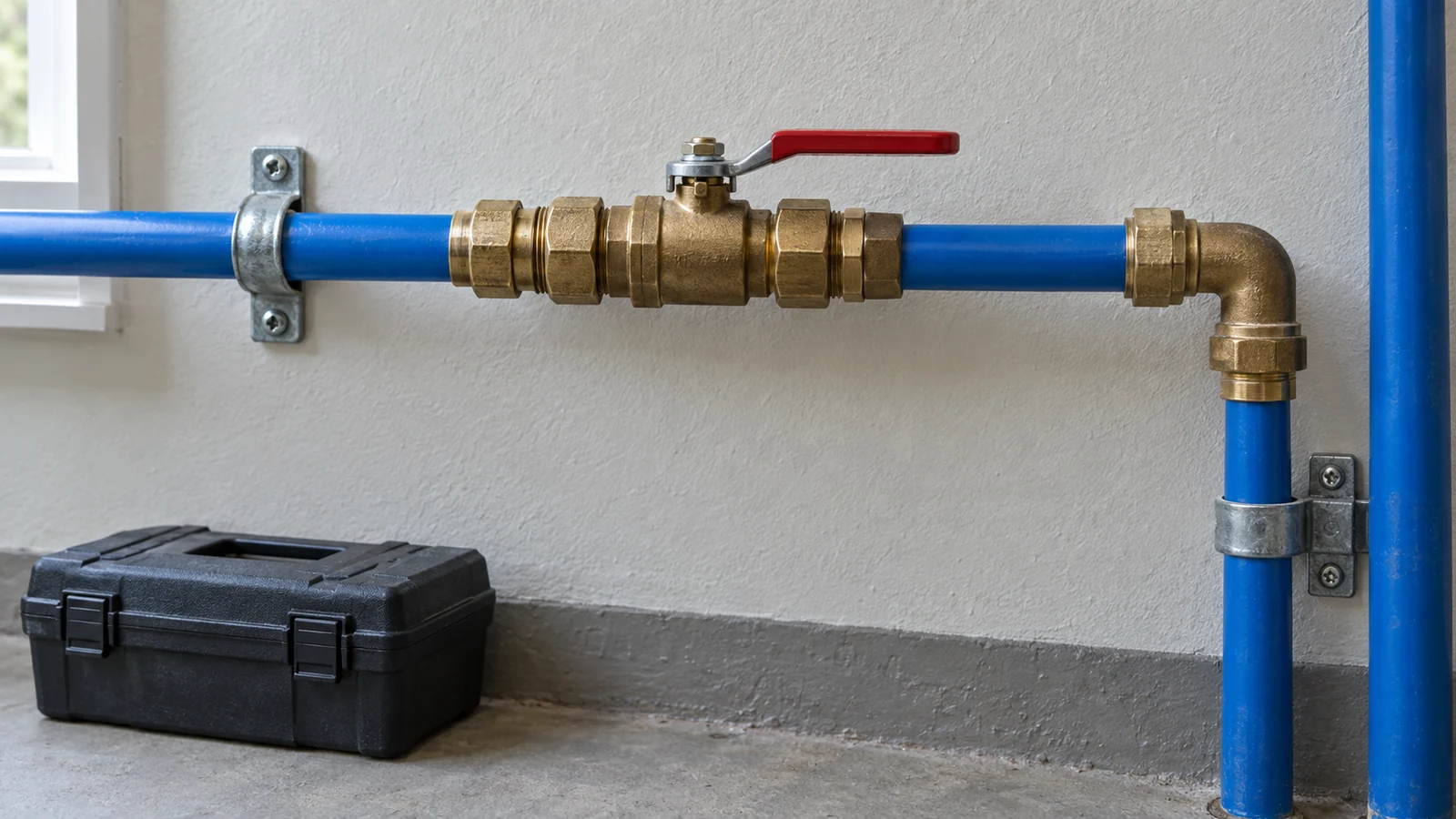 Accessible water supply piping and an isolation valve on a utility-room wall.