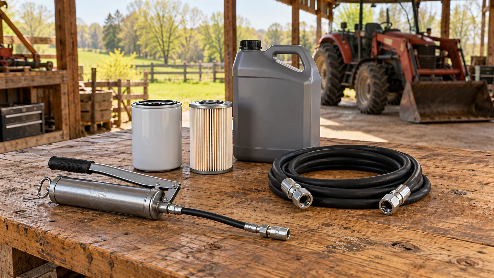 Filters, grease gun, fluid container and hydraulic hose on a workbench, with a parked tractor in the background.
