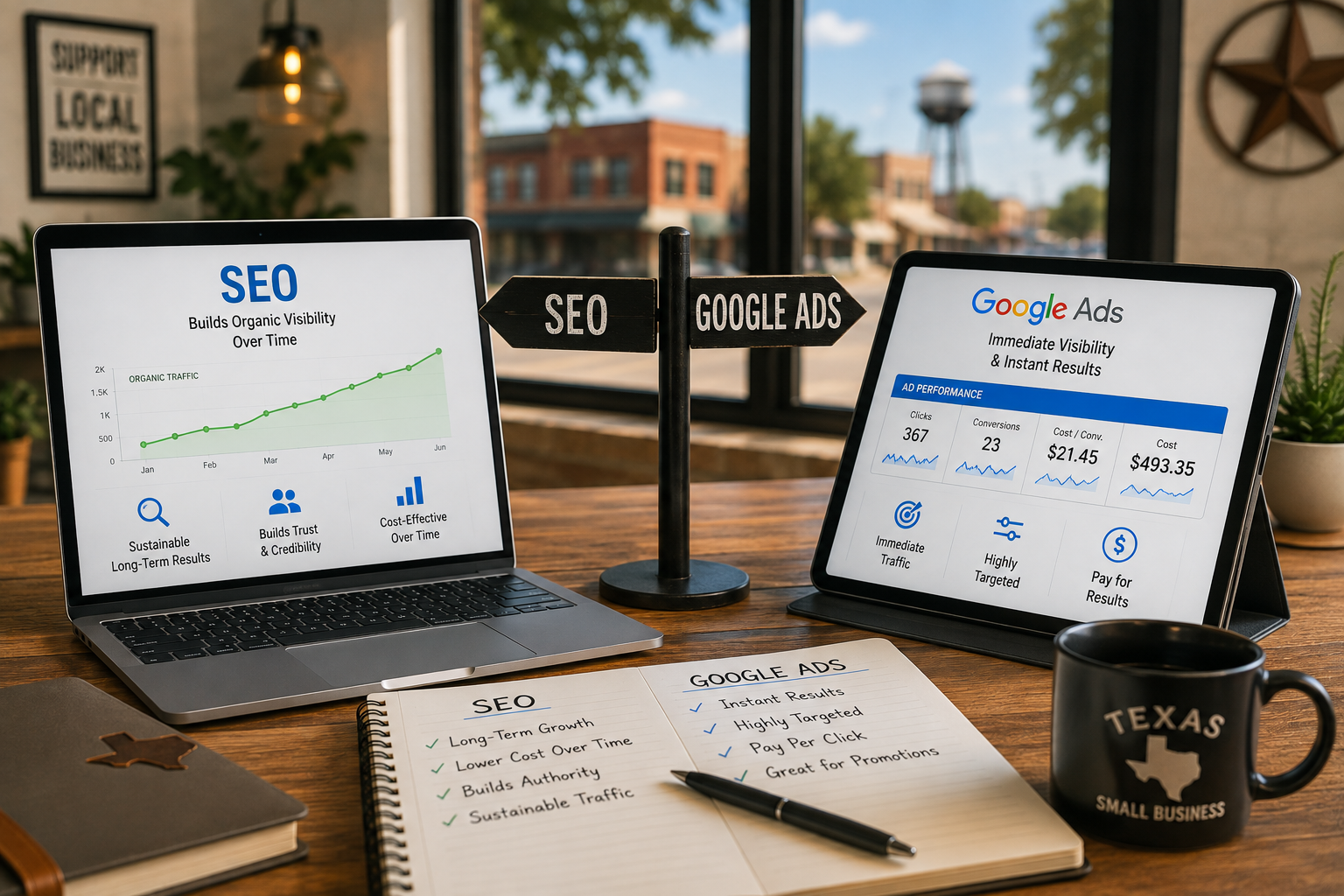 Hero image for SEO vs. Google Ads for Texas Small Businesses: Which to Choose First
