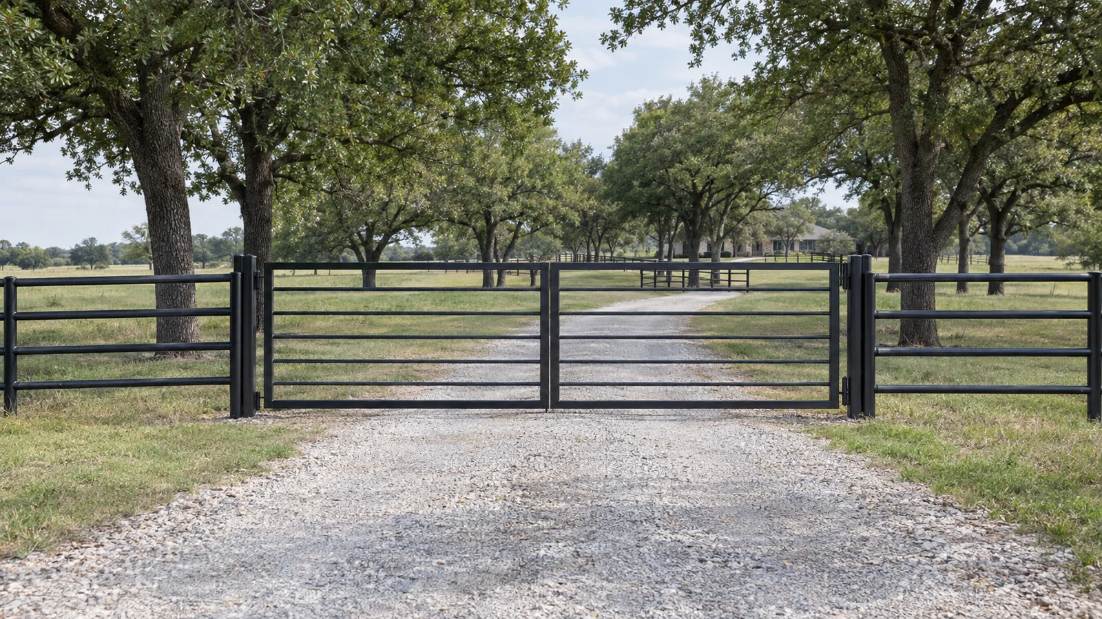 AI-generated editorial illustration of a closed black metal ranch gate between pipe fence sections on a gravel approach.
