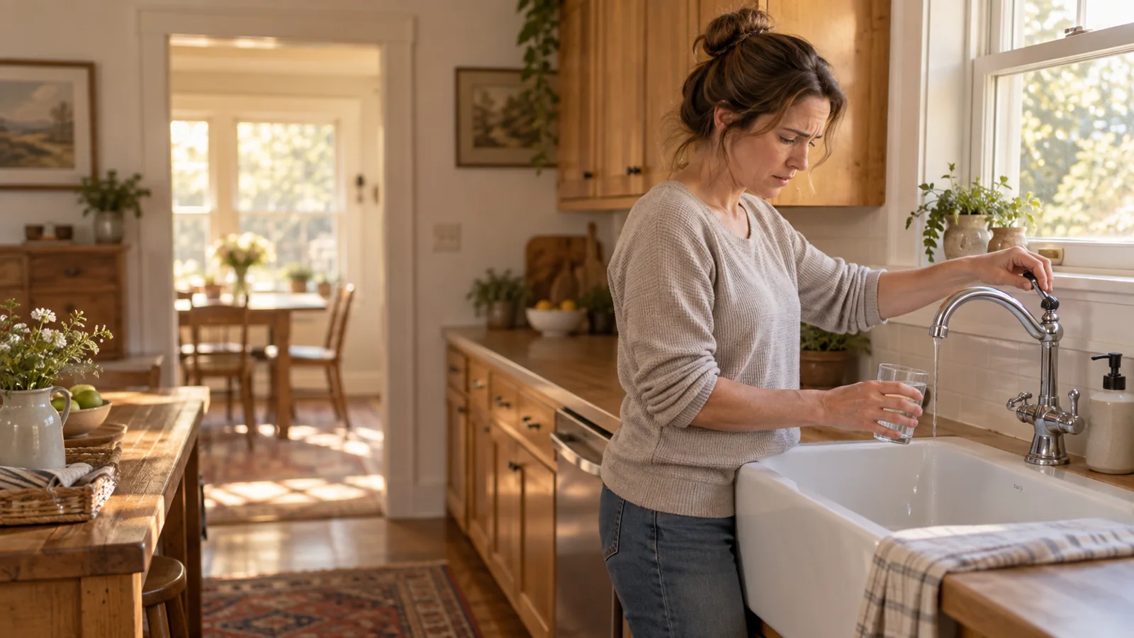 Woman holding a glass beneath a kitchen faucet with a small stream of water.