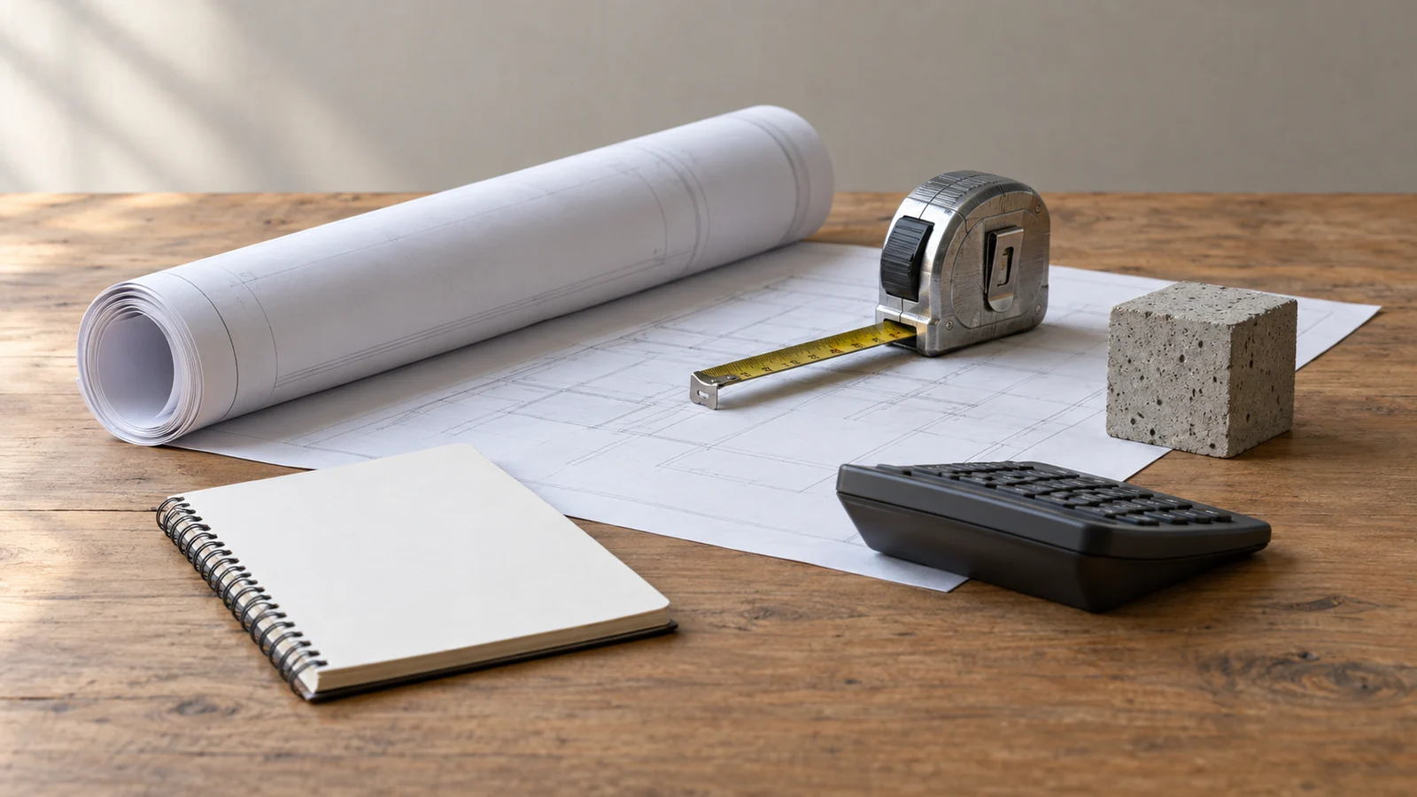 AI-generated editorial illustration of a rolled drawing, tape measure, calculator, notebook, and concrete sample on a wooden table.
