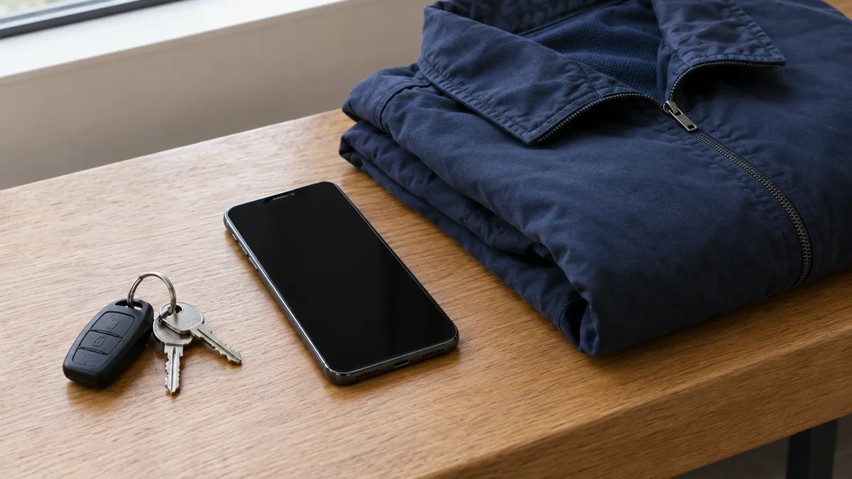 AI-generated editorial illustration of keys, a dark-screen phone and a folded navy garment.