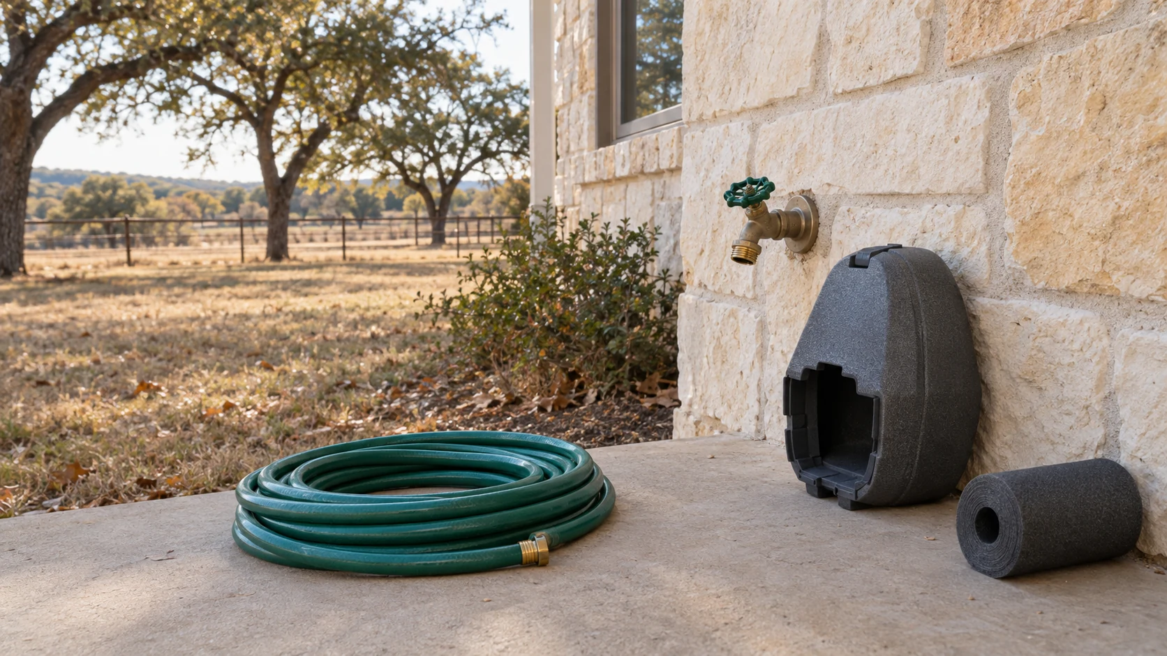 Outdoor faucet on a stone wall with a disconnected garden hose, an insulated faucet cover, and pipe insulation nearby.
