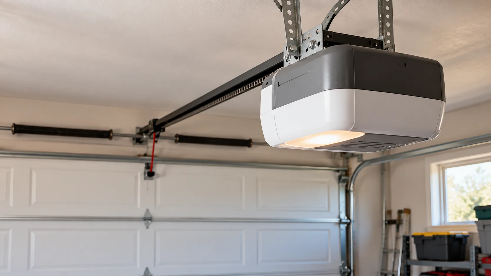 Ceiling-mounted garage door opener with a metal drive rail above a closed white sectional garage door.