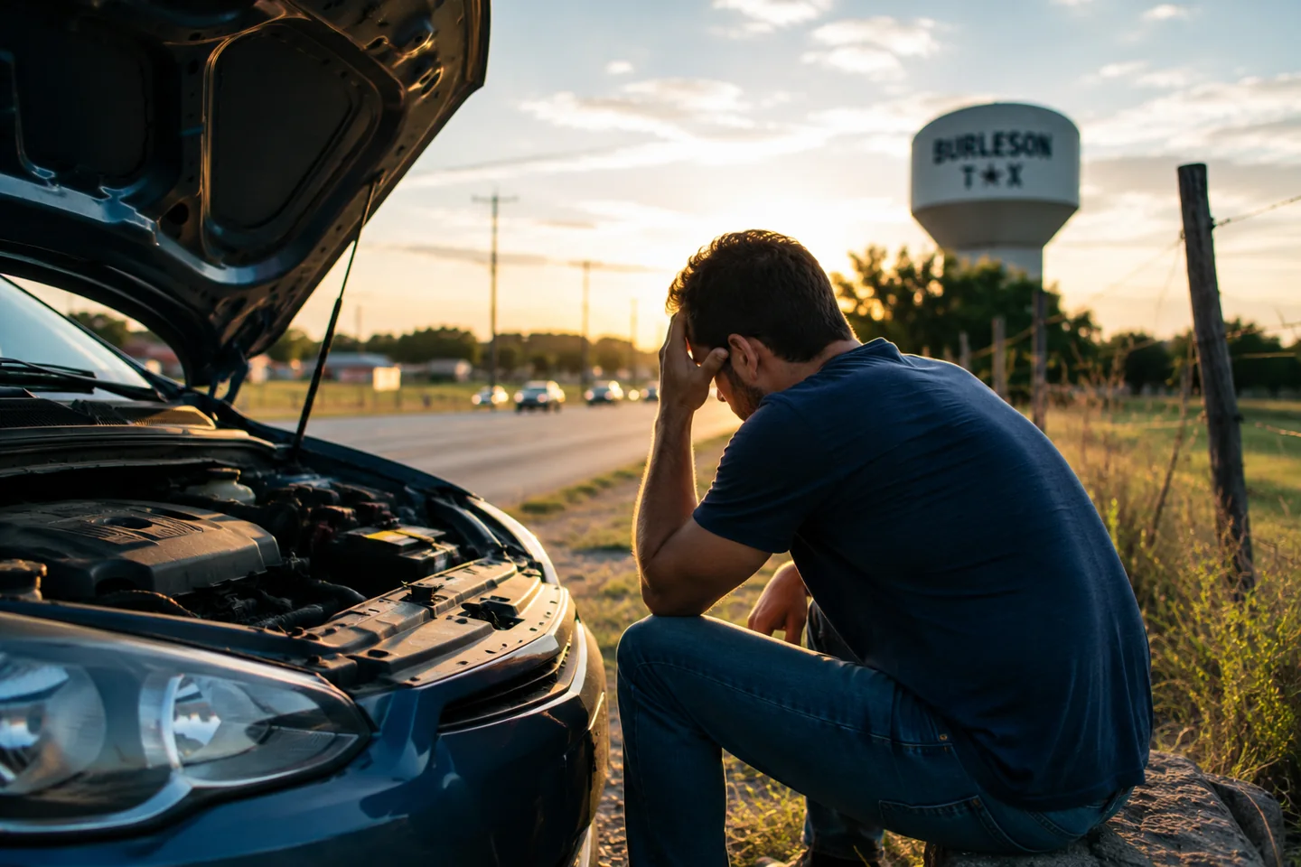 Person seated beside a vehicle with its hood open.