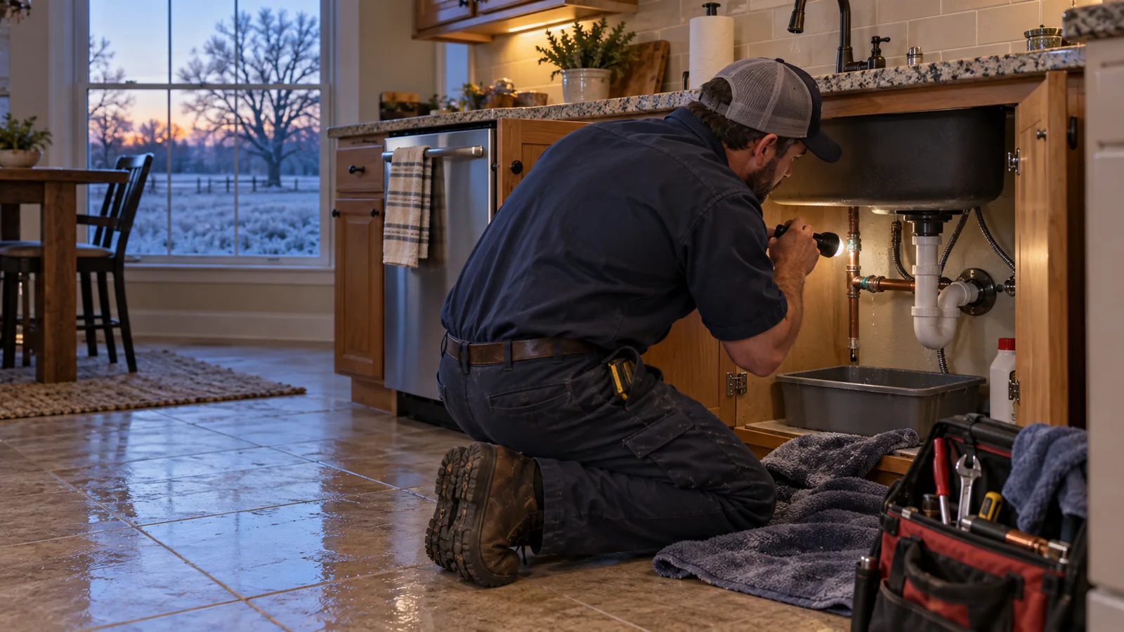 Plumber inspecting pipes beneath a kitchen sink, with water on the floor and frost visible outside.
