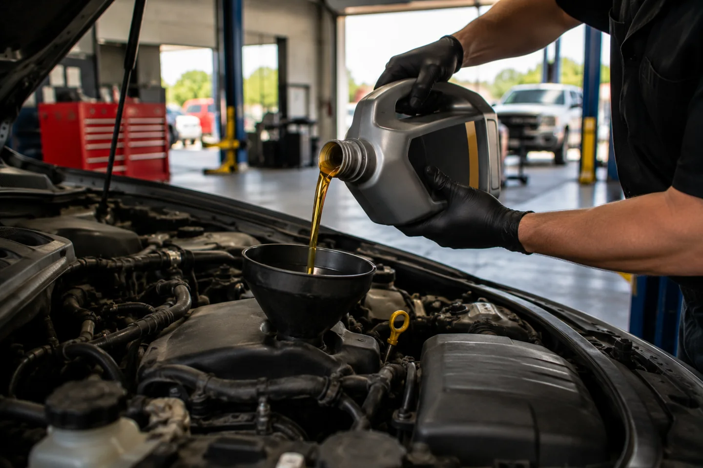 Motor oil being poured through a funnel into a vehicle engine.