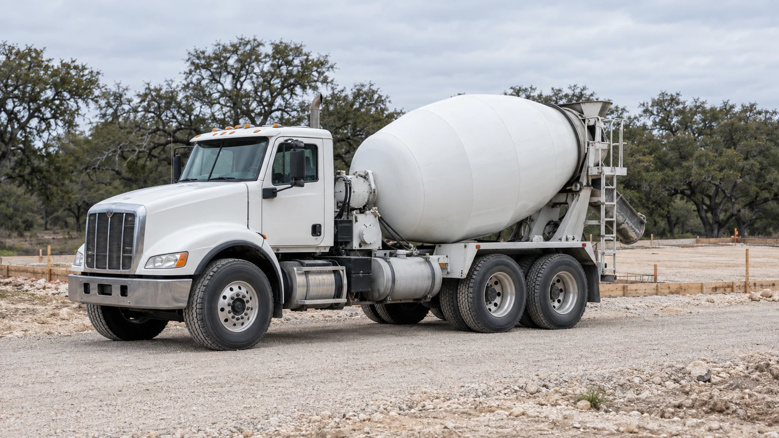 AI-generated editorial illustration of a white concrete mixer parked on a gravel approach beneath an overcast sky.