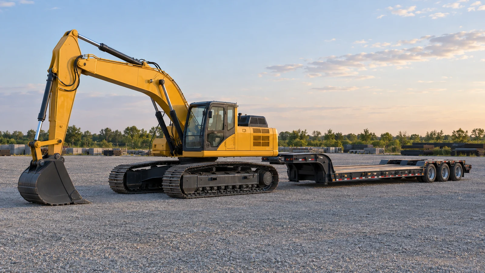 AI-generated editorial illustration of a crawler excavator parked beside an empty lowboy trailer on level gravel.