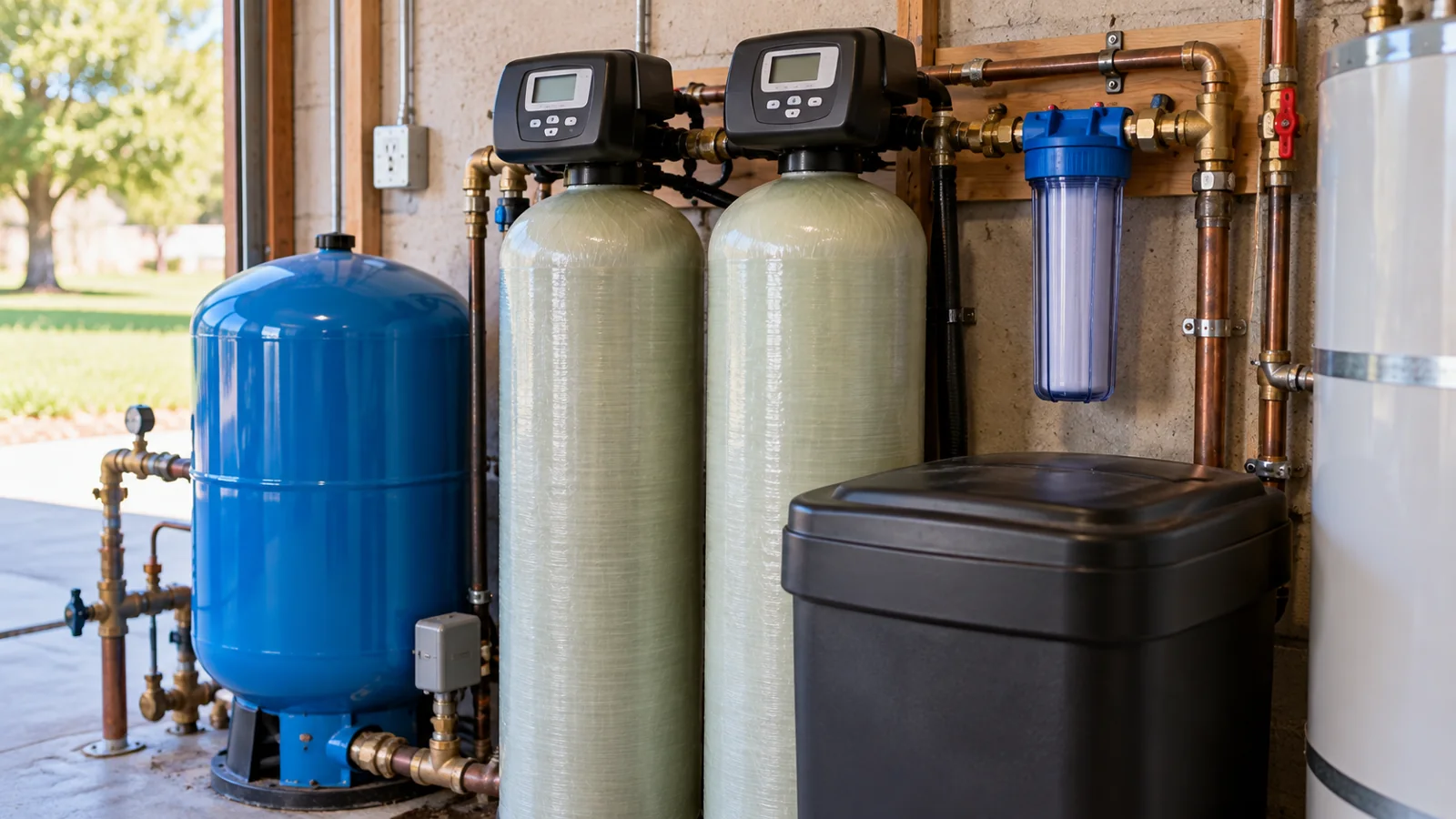 Well-water treatment equipment with a blue pressure tank, two treatment tanks, a filter housing, and a black brine tank.