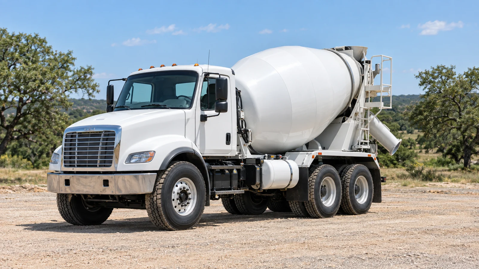 AI-generated editorial illustration of a white concrete mixer parked on a dry gravel approach in bright daylight.
