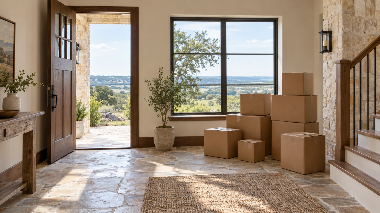 AI-generated illustration of moving boxes in a sunlit, stone-floored entry overlooking open countryside.