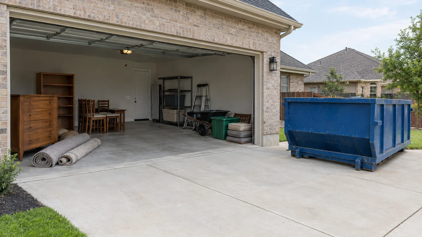 Open garage with neatly separated household items and an unbranded dumpster outside.