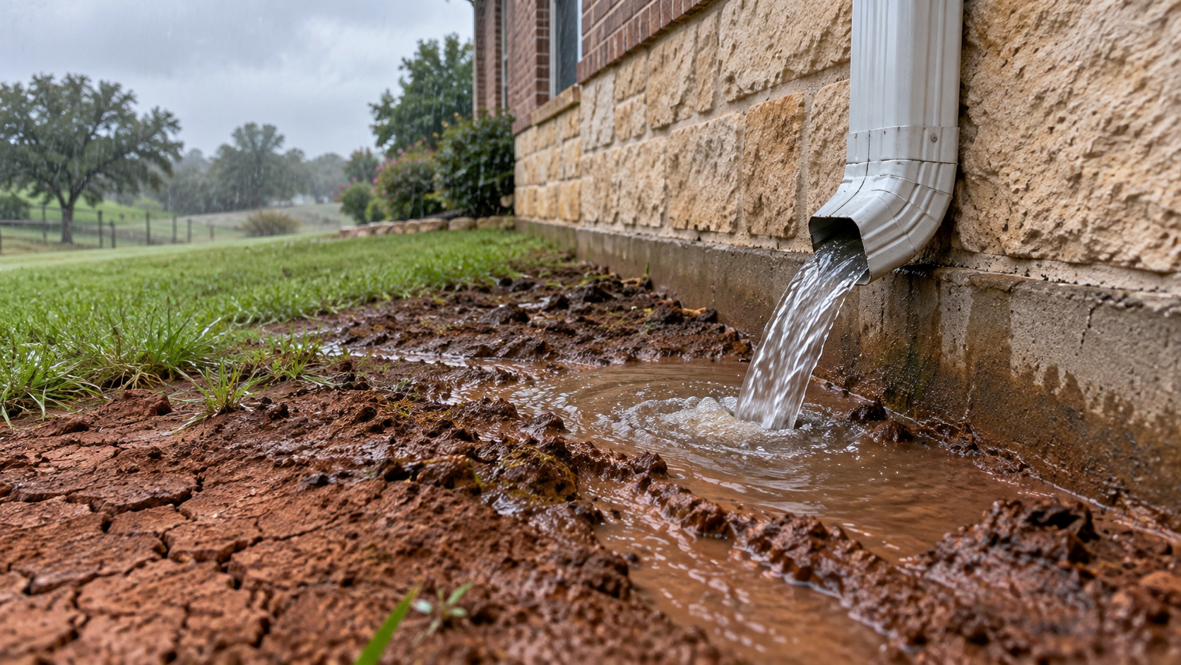Featured image for the article: Where Your Downspouts Dump Water: Gutters, Clay Soil, and Foundations in Tolar, TX