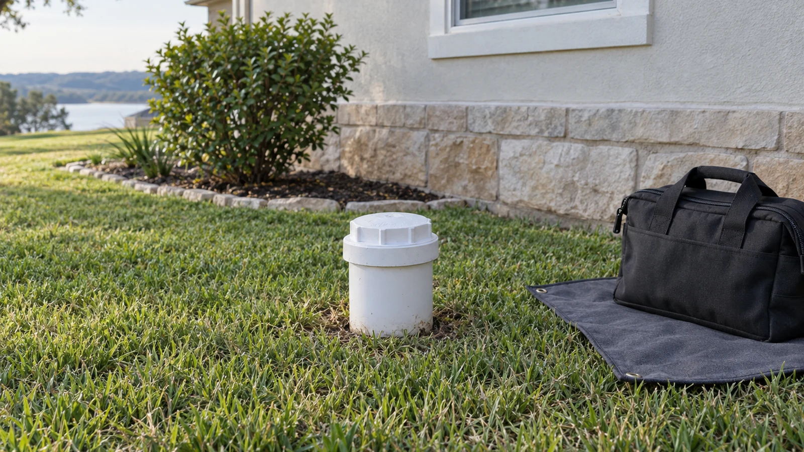 Capped exterior plumbing clean-out beside a house with an undisturbed lawn.
