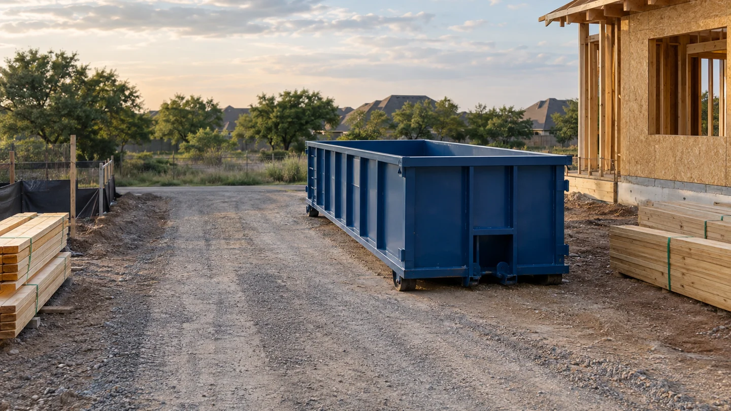 Unbranded roll-off beside an orderly construction site with a clear access lane.