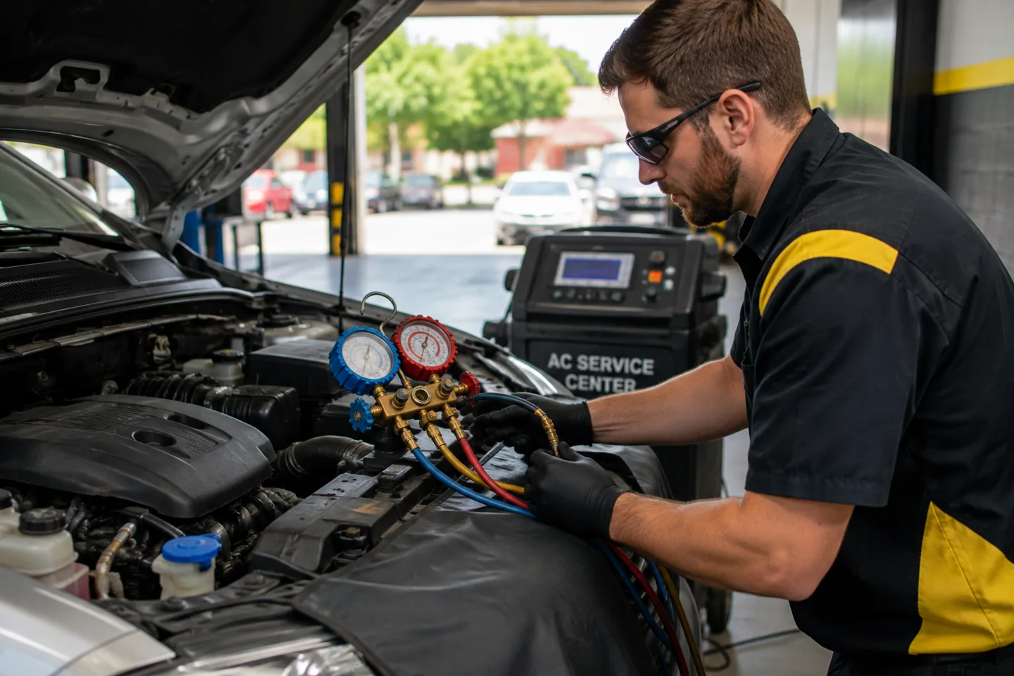 Person checking vehicle air conditioning with refrigerant gauges.