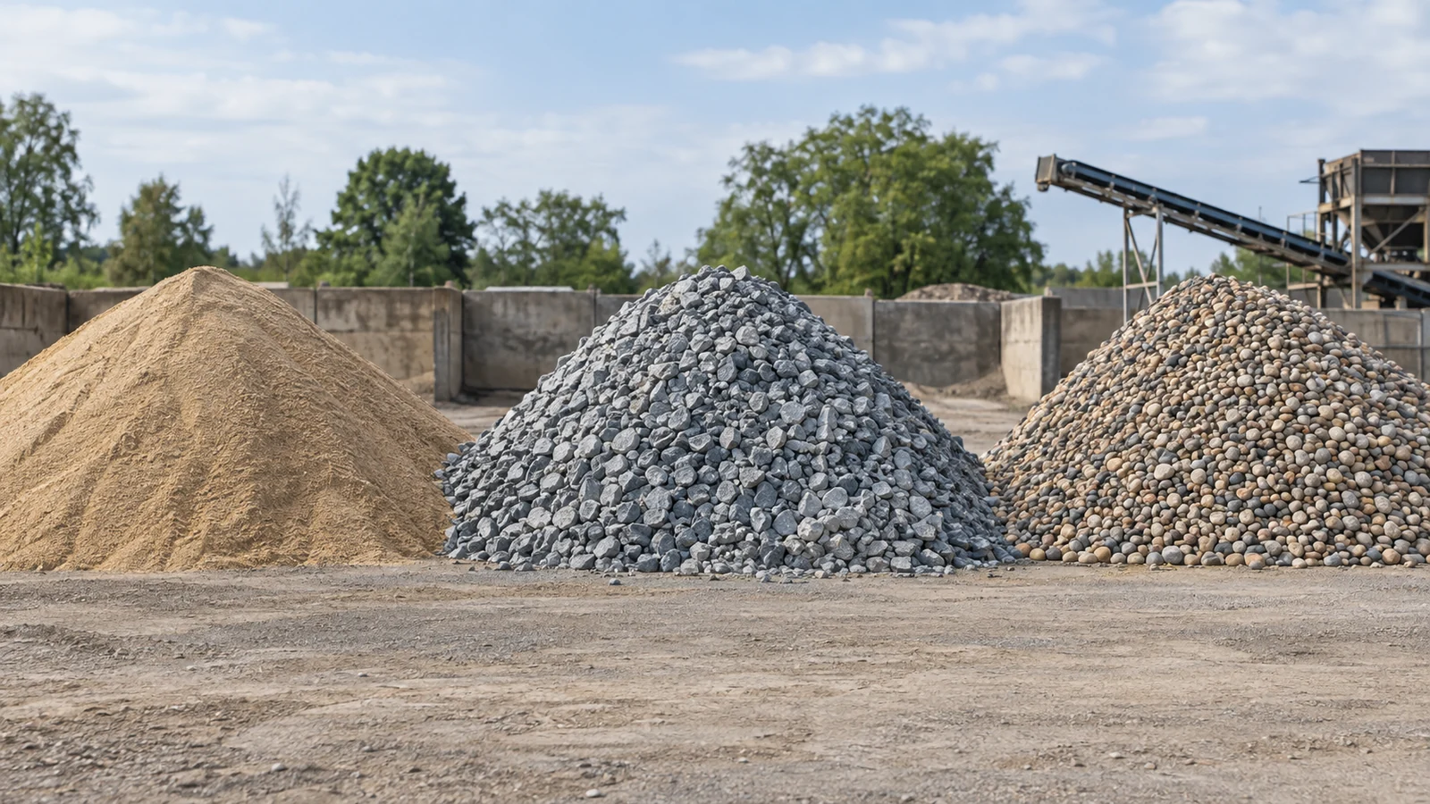 AI-generated editorial illustration of separate sand, crushed-stone, and rounded-gravel stockpiles in a material yard.
