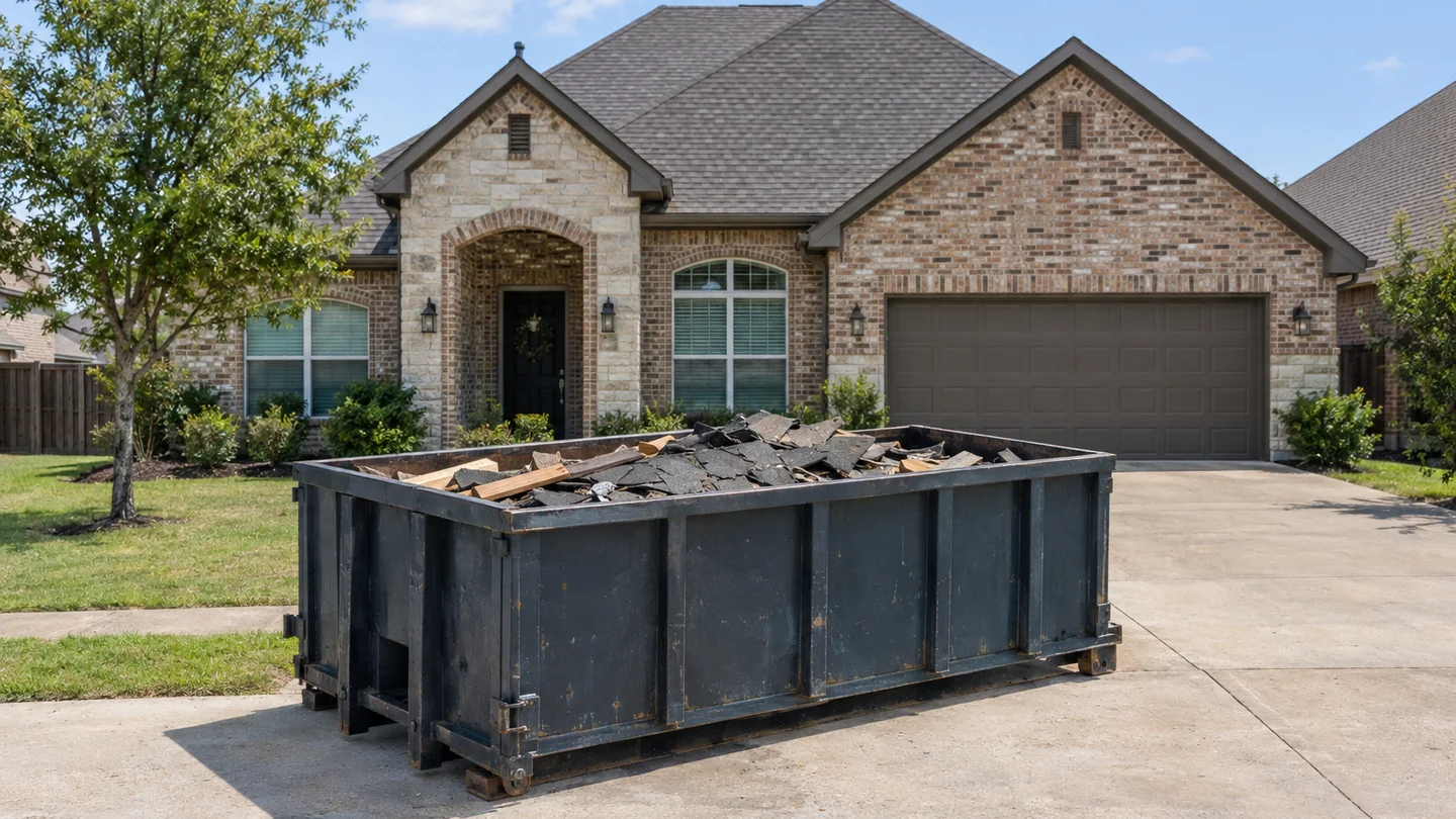 Unbranded roll-off containing a modest roofing-debris load below the rim beside a home with no workers visible.