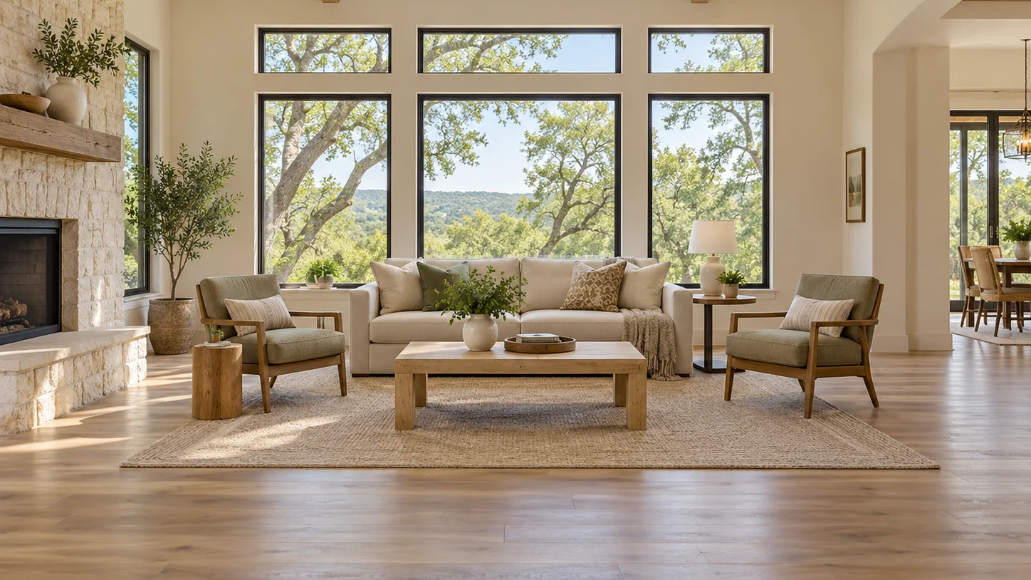 Neutral sofa and two chairs around a wood coffee table in a bright living room with a stone fireplace and large windows.