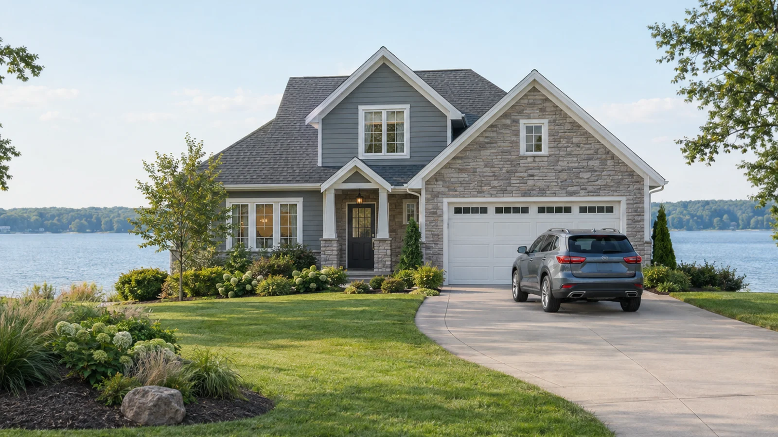 AI-generated editorial illustration of a lakeside home with a car parked in its curved driveway.