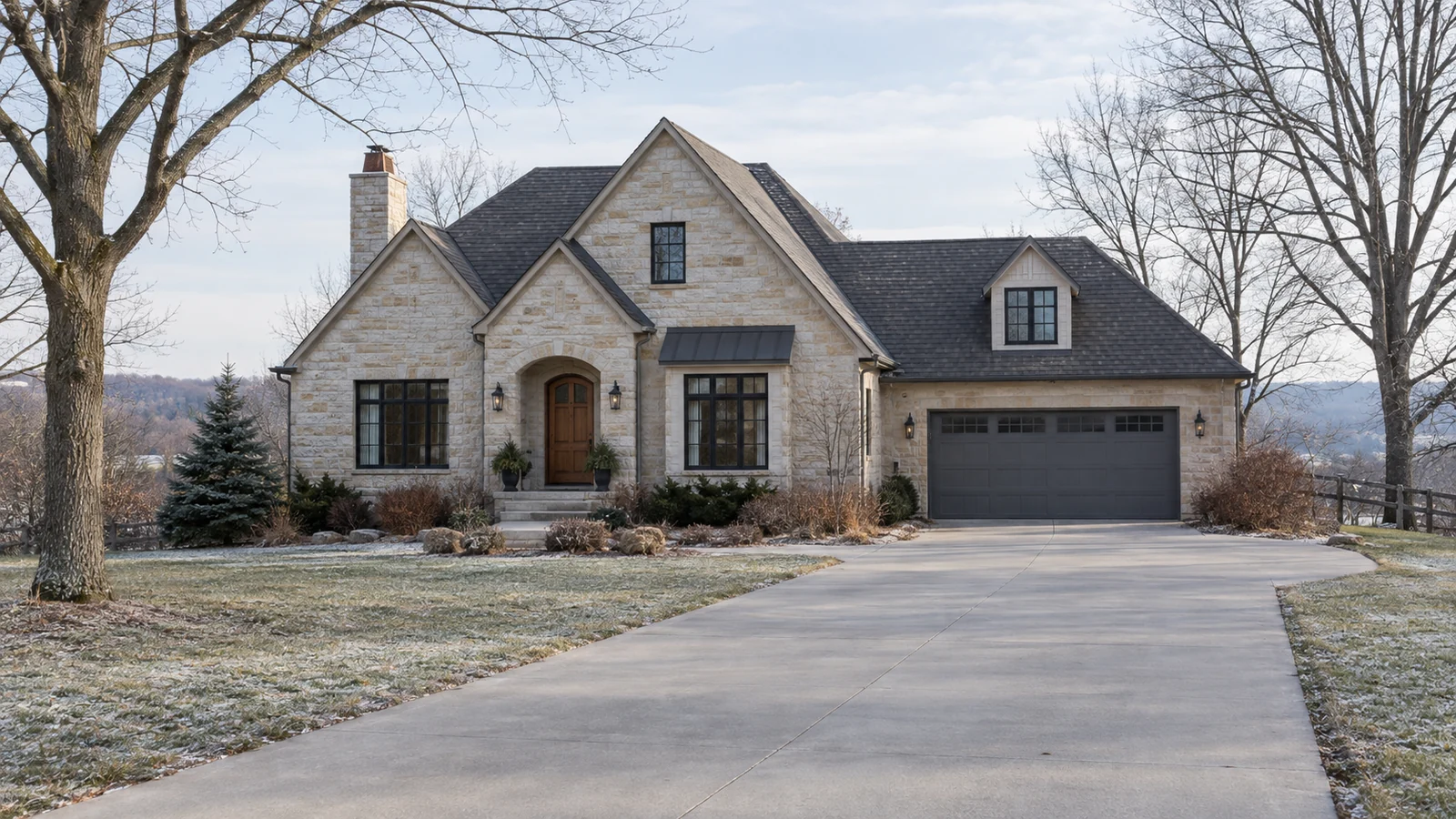 AI-generated illustration of a limestone home, bare trees and a clear driveway on a cool morning.