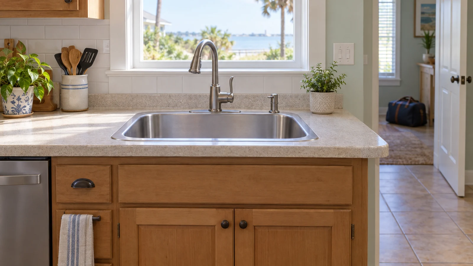 Dry kitchen sink and countertop in a quiet home with a travel bag in the background.