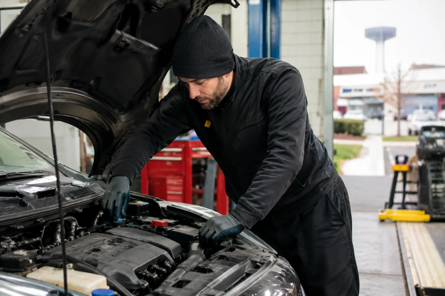 Person inspecting an engine beneath an open vehicle hood.