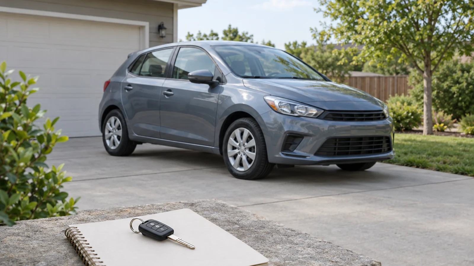 AI-generated editorial illustration of a compact car in a residential driveway, with a car key on a blank notebook in the foreground.