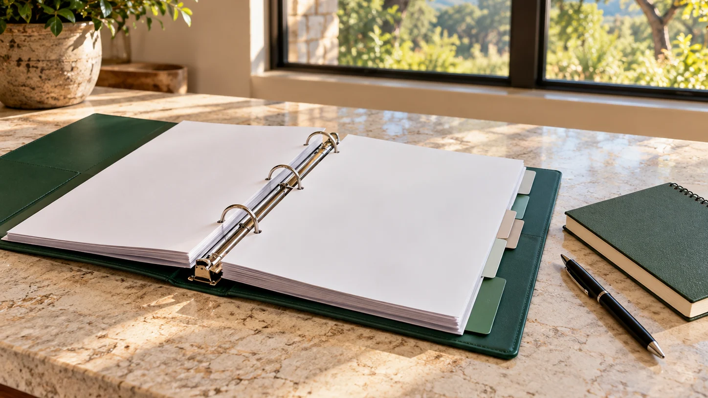 Open green binder with blank pages and tab dividers beside a closed notebook and pen on a stone tabletop near a window.