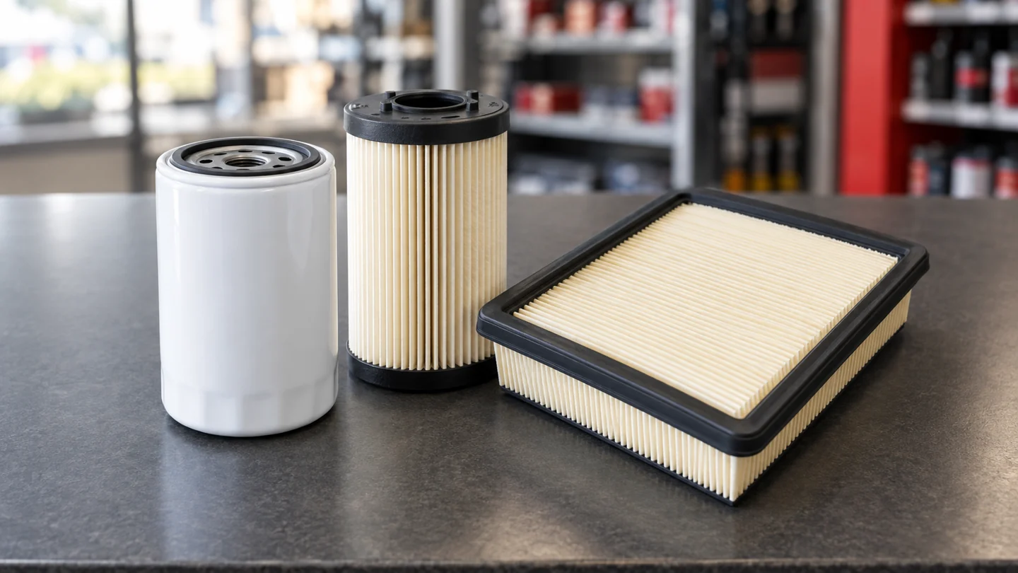 Spin-on filter, pleated cartridge filter, and panel air filter arranged on a parts counter.