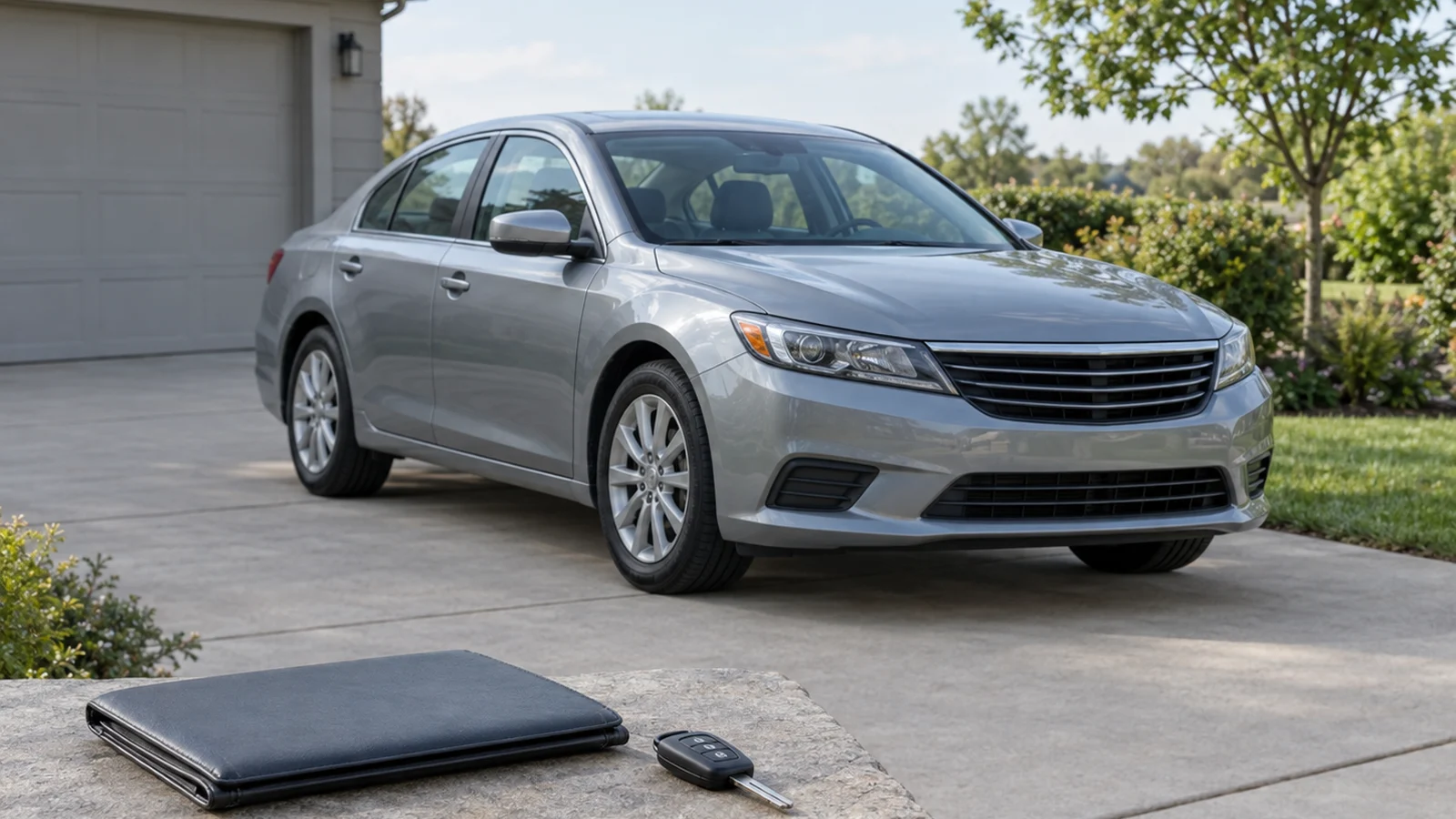 AI-generated editorial illustration of a silver sedan parked in a residential driveway, with a closed folder and car key in the foreground.