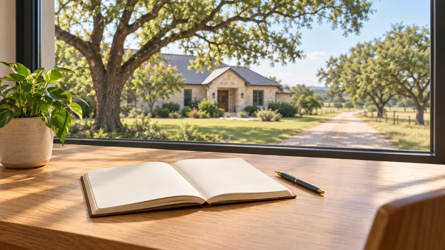 AI-generated illustration of a planning notebook beside a window overlooking a limestone home and clear driveway.