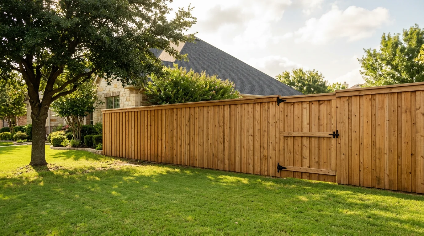 AI-generated editorial illustration of a cedar privacy fence and matching walk gate beside a North Texas yard.